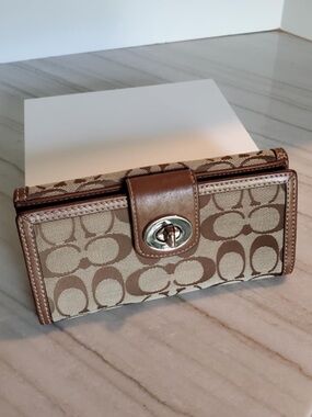 Coach Signature Turnlock Wallet in Brown and Cream